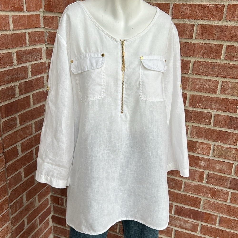 Ellen Tracy Chalk White Linen Zipper Front Tunic Shirt Top